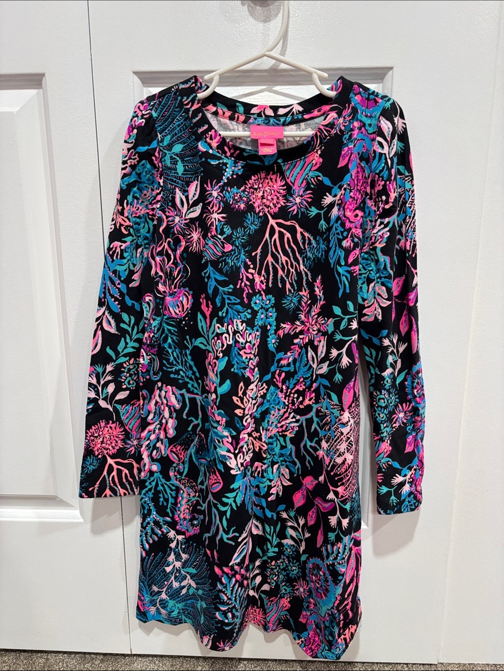 Lilly Pulitzer size 8-10 Black Floral Dress with Teal & Hot Pink Accents